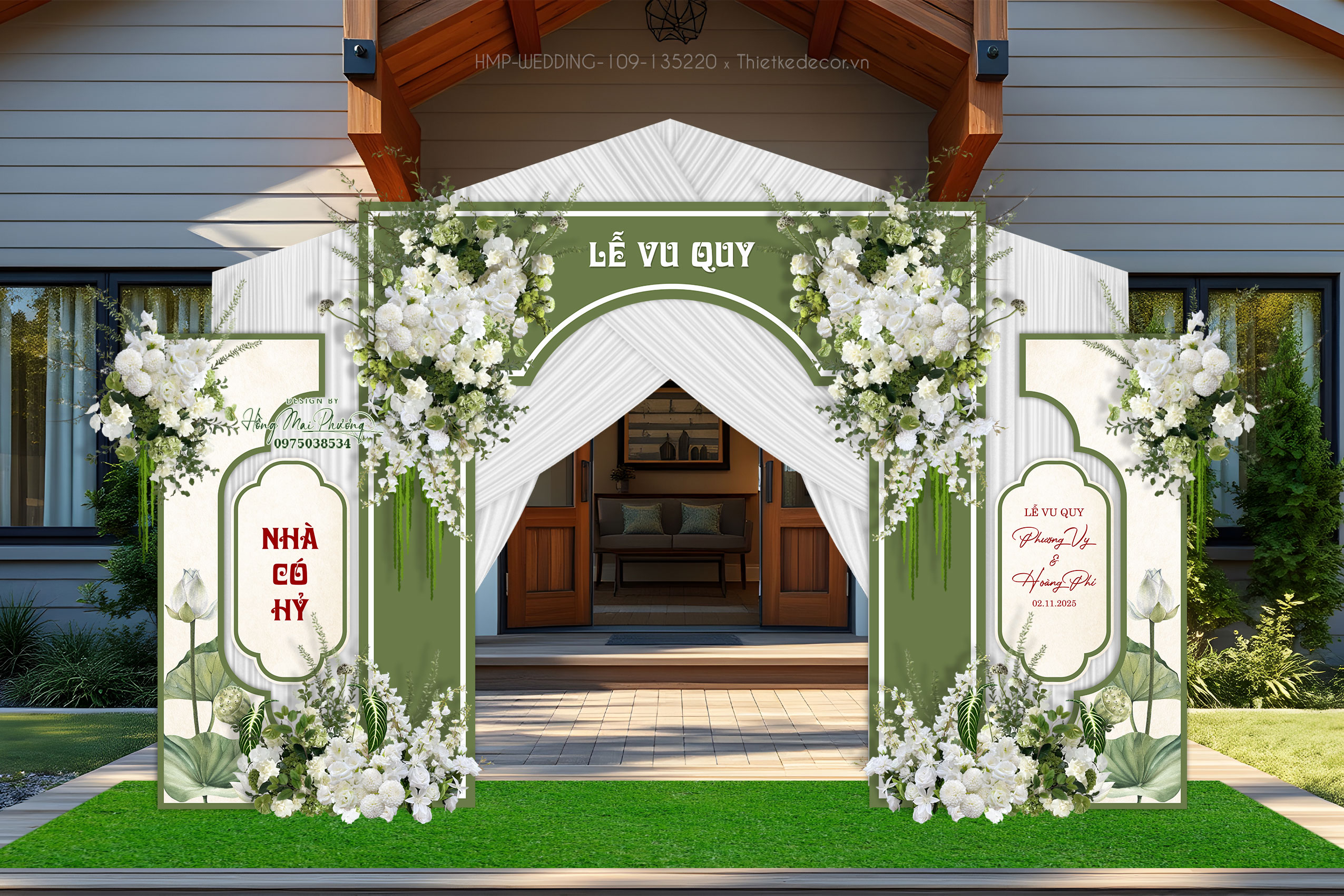 Cổn cưới tone xanh lá chủ đề hoa sen cổ điển